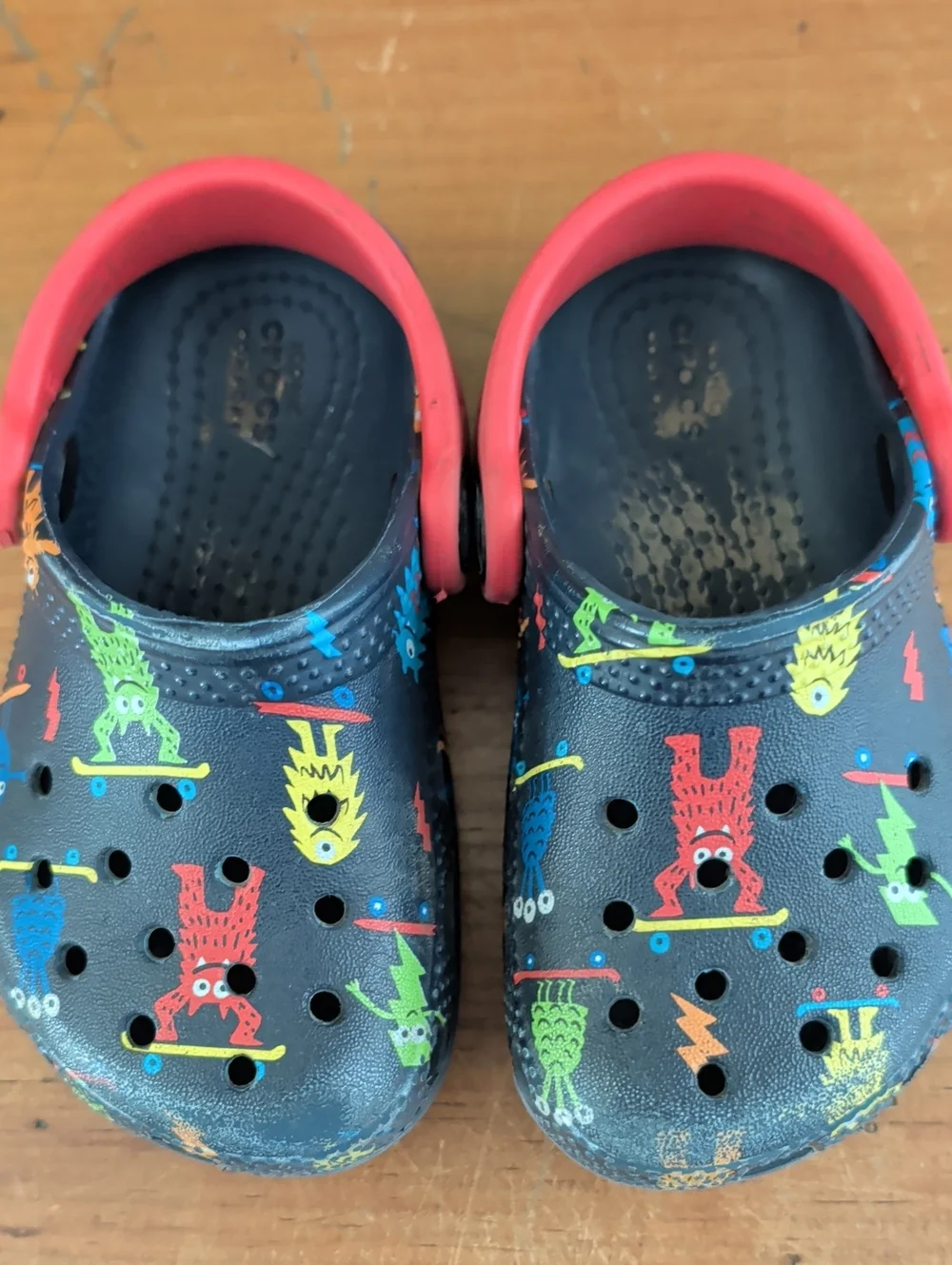 Toddler Crocs Colorful Monster Print and Red Strap